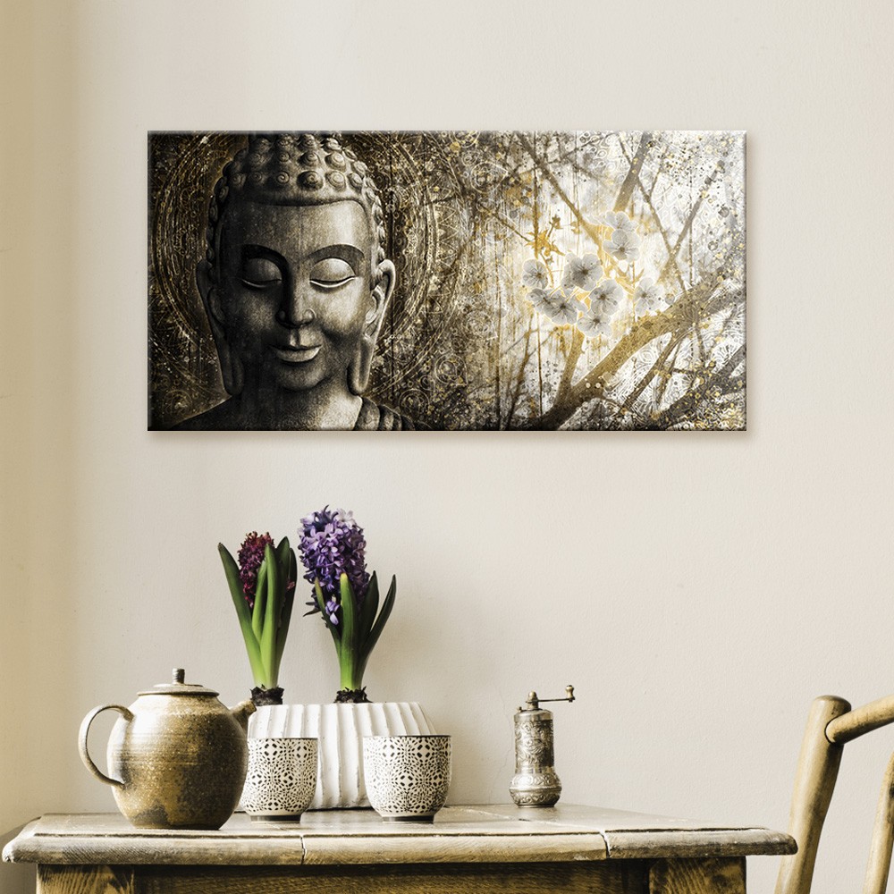 Cuadro decorativo impreso Buda flores doradas gris-Decorate
